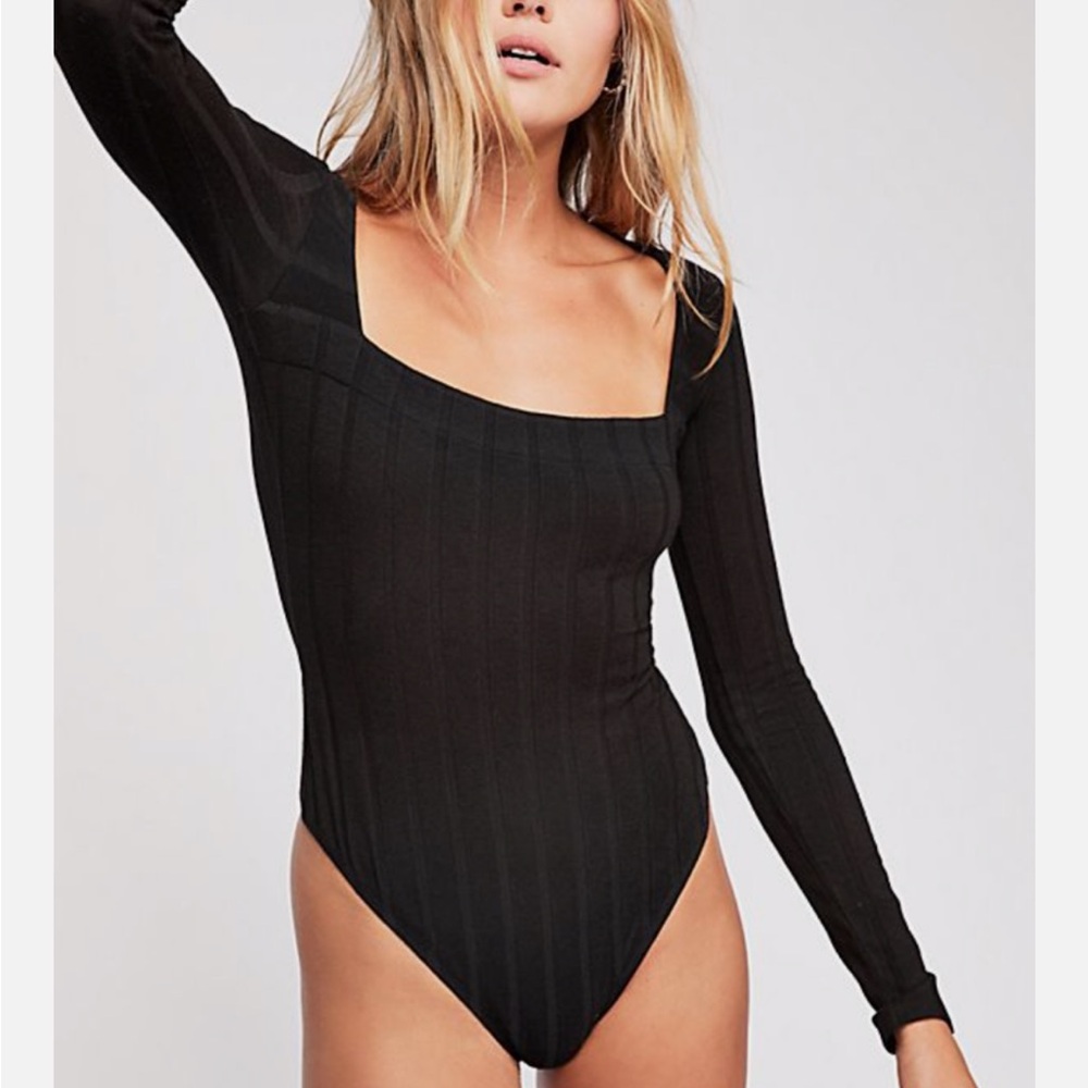 Free People intimately black long sleeve beside me ribbed  Thong Bodysuit XS
#MA